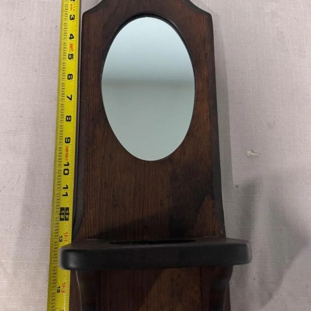 Vintage Solid Oak Wall Shaving Mirror Shelf Soap Mug Holder Farmhouse Rustic